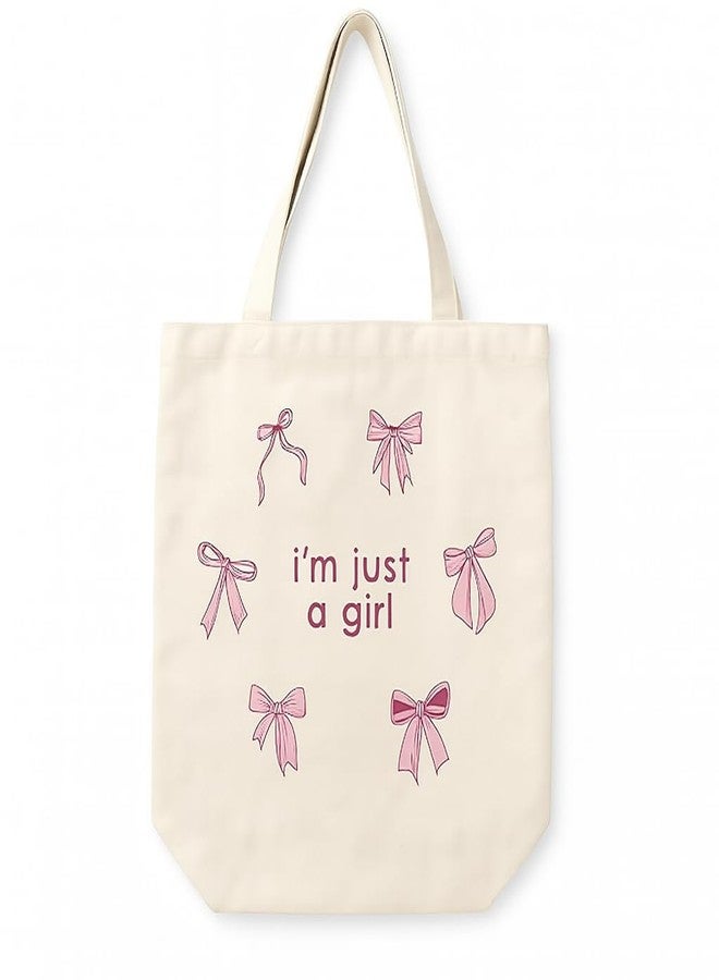 FUNKYFINDS “I’m Just a Girl” Cute Pink Bow Embroidery Tote Bag for Women - Aesthetic Canvas Shoulder Bag for Daily Use, Shopping, College & Travel, Office & Casual Outings - Image 1